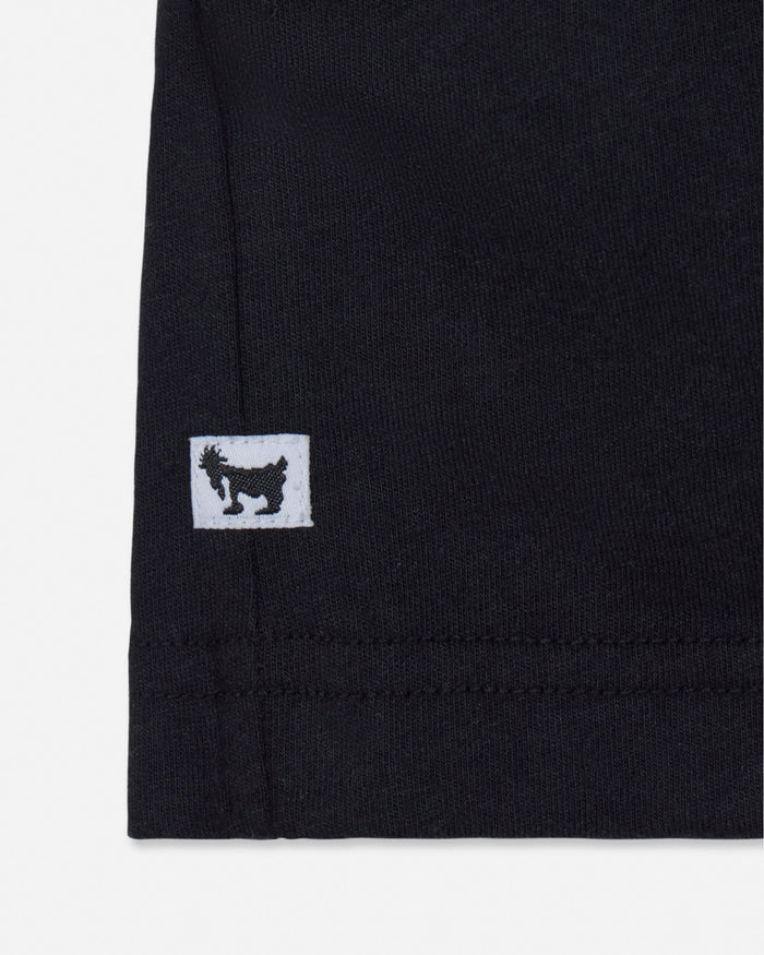 Black fabric with a small white logo featuring a black silhouette on a white background#color_black