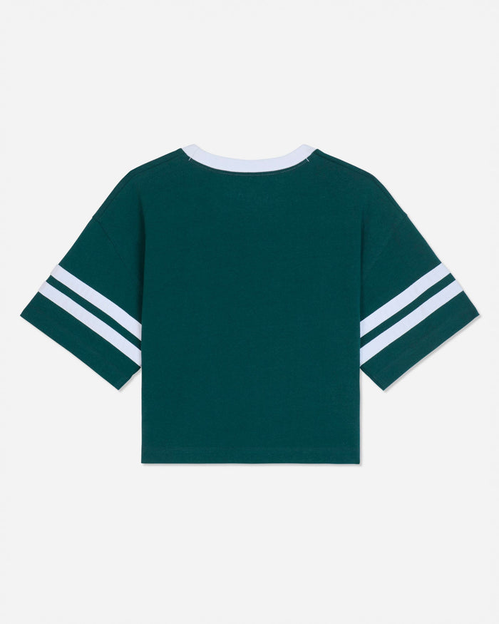 A dark green short-sleeve crop top with white double stripes on the sleeves and a white inner collar, shown flat on a light gray background.
