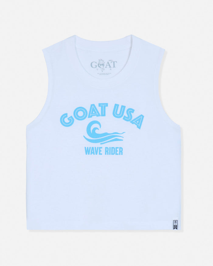 White sleeveless shirt with 'GOAT USA Wave Rider' text on a white background