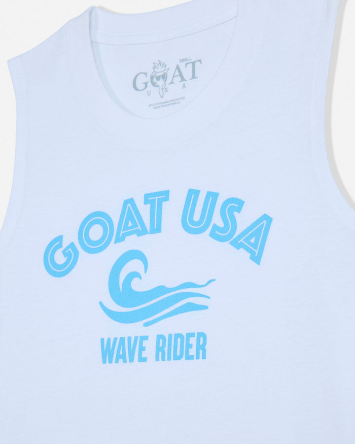 White sleeveless shirt with 'GOAT USA Wave Rider' text and logo on a white background