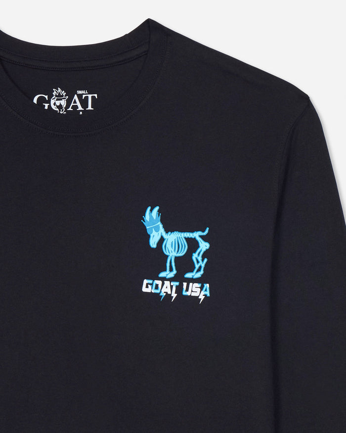 Black t-shirt with blue 'GOAT USA' logo on a light gray background