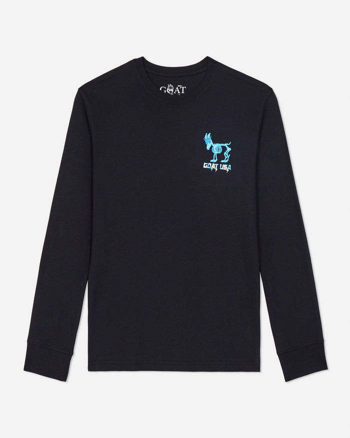 Black long-sleeve shirt with blue graphic on a light gray background