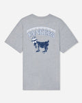 A heather gray short-sleeve t-shirt featuring a navy blue and white New York Yankees graphic on the chest, displayed against a light gray background.#color_gray