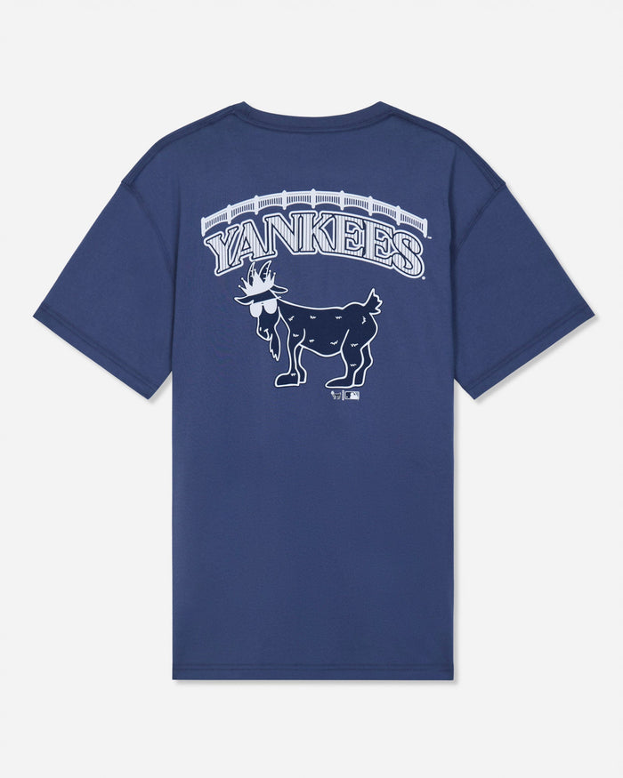 A navy blue short-sleeve t-shirt with a white graphic on the back featuring the word 'YANKEES' in an arched font above a detailed goat mascot illustration, set against a light gray background.#color_navy