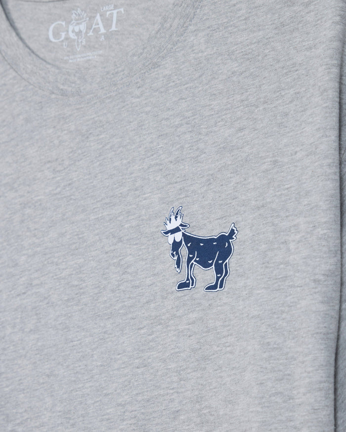 Gray t-shirt with blue cartoon goat on left chest#color_gray
